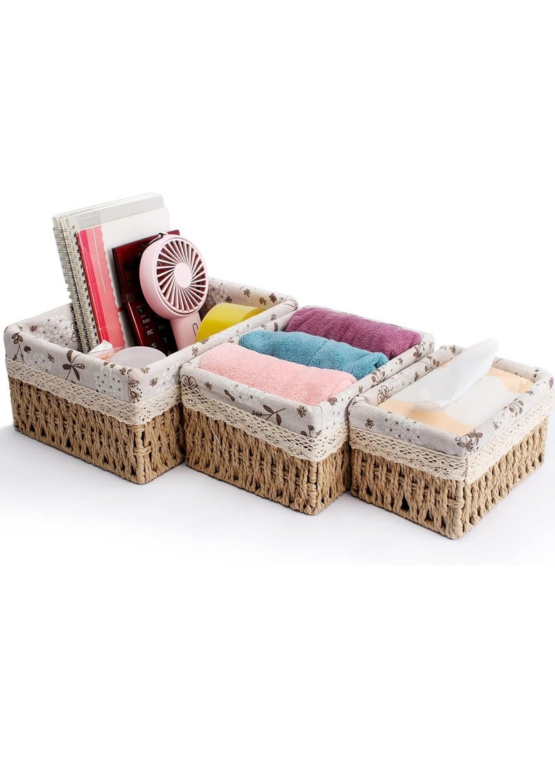 ناما سلات تخزين طبيعية ٣ أحجام بزخرفة مع بطانة قابلة للإزالة، منظم ضفيرة مثالي، تصميم مربع بلون بيج من حبل ورقي منسوج وحبل قطن مع بطانة قماش مطبوع بالزهور - Image 1